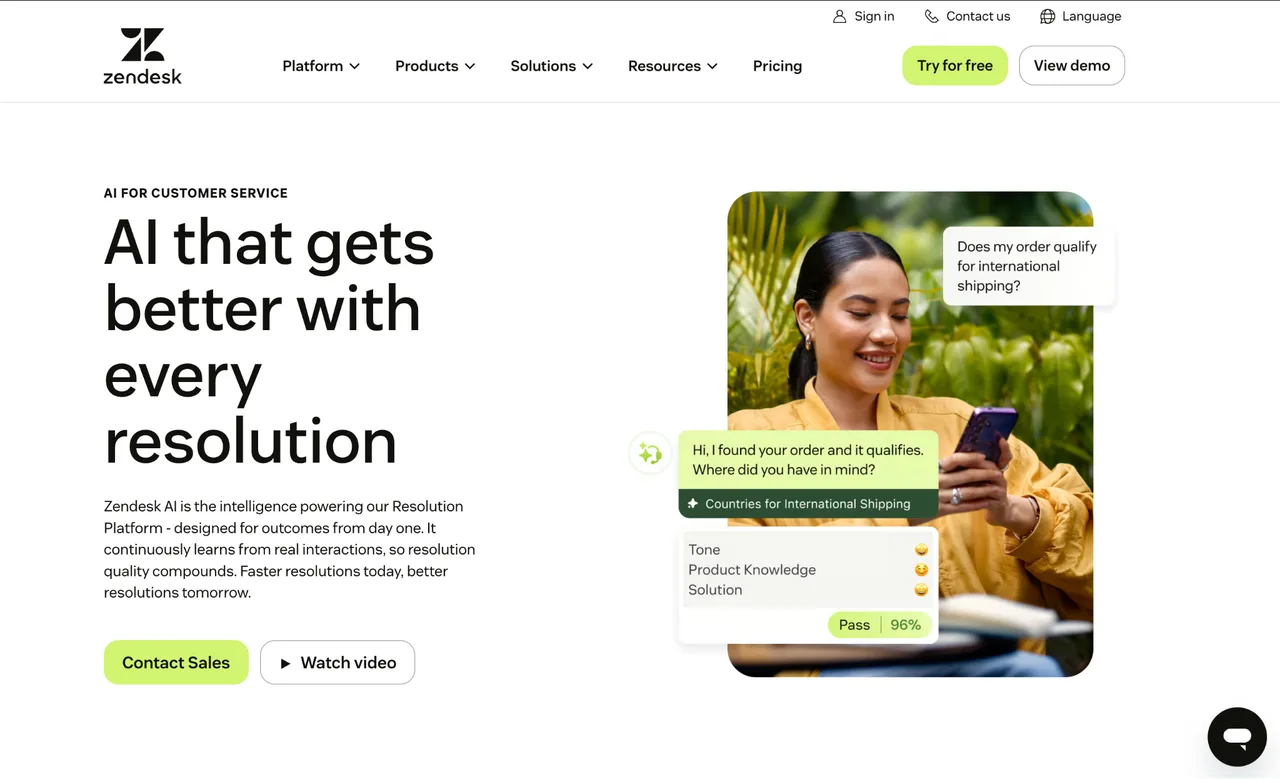 Zendesk homepage: AI that gets better with every resolution