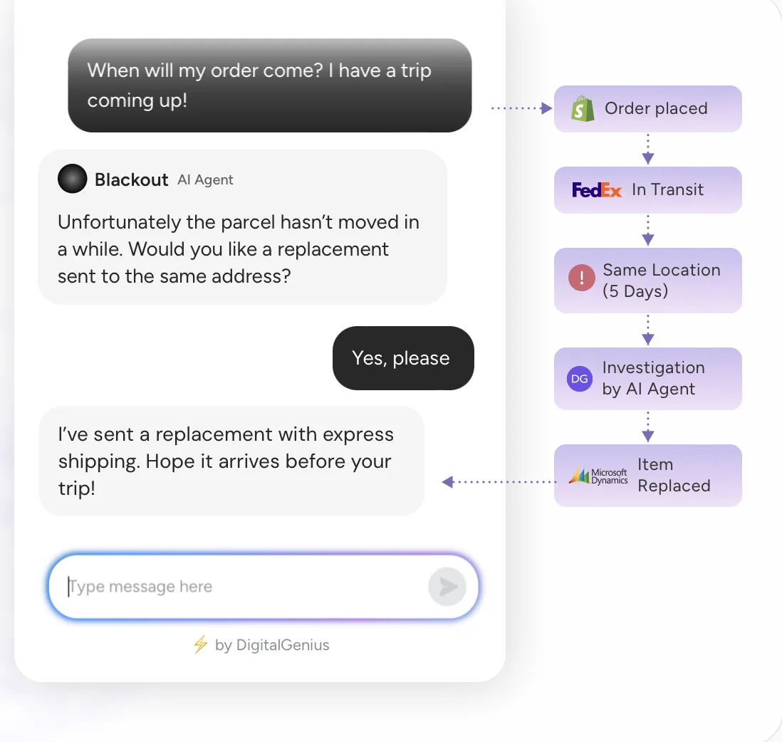 DigitalGenius chat interface resolving an ecommerce shipping inquiry