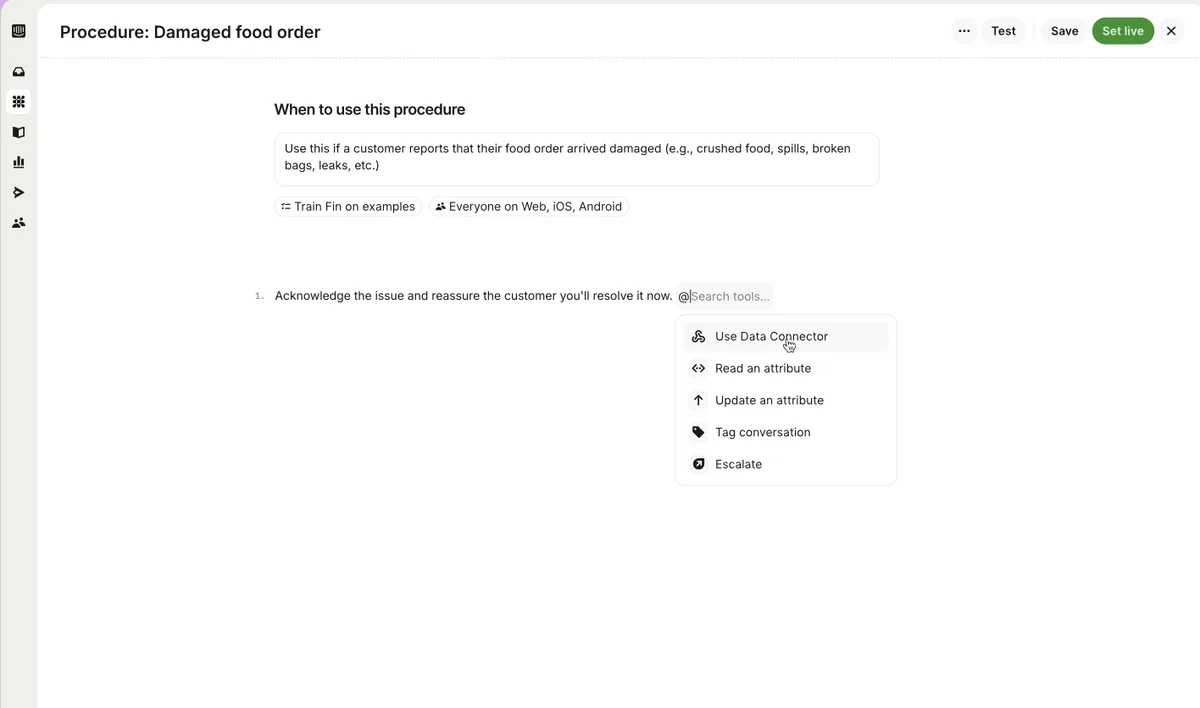 Fin AI workflow builder interface for configuring automated support resolutions