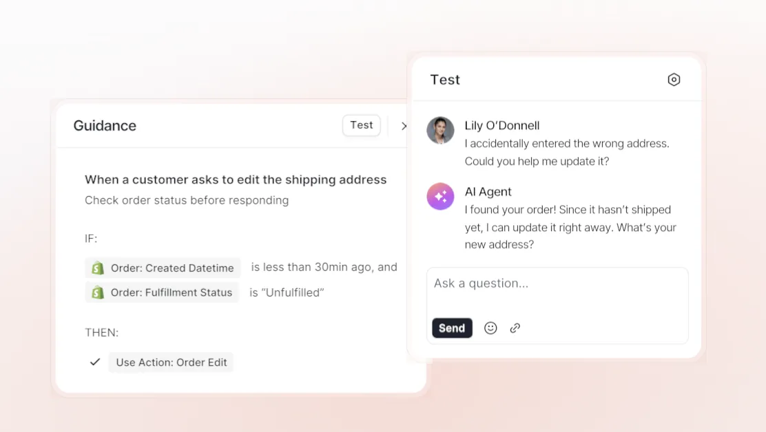 Gorgias AI chat interface handling an ecommerce customer conversation