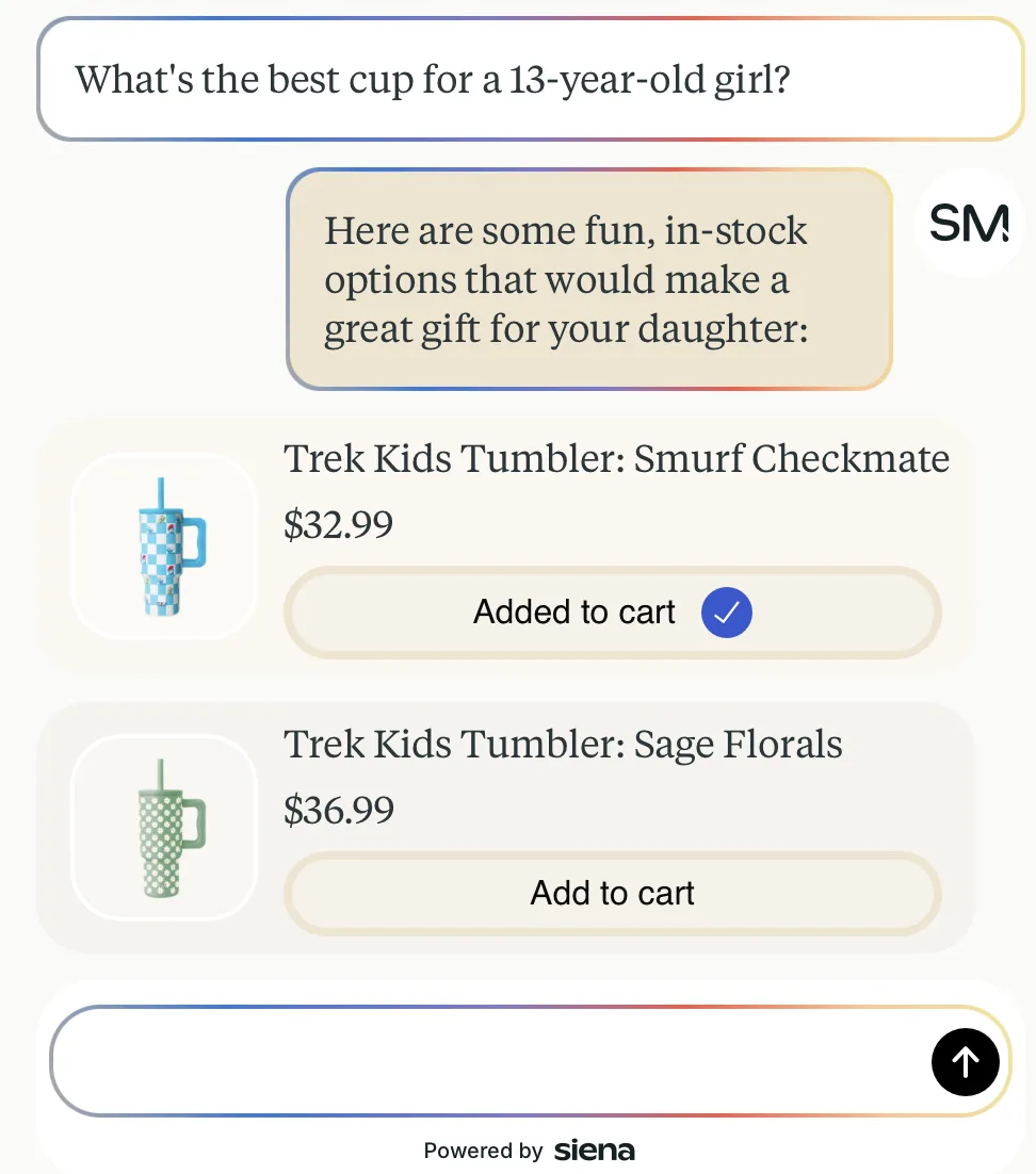Siena AI customer-facing ecommerce chat interface responding in a configured brand voice