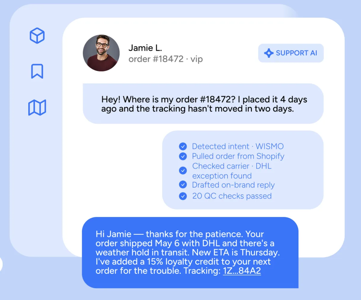 Yuma's AI agent interface showing an ecommerce support ticket resolved end-to-end inside the helpdesk
