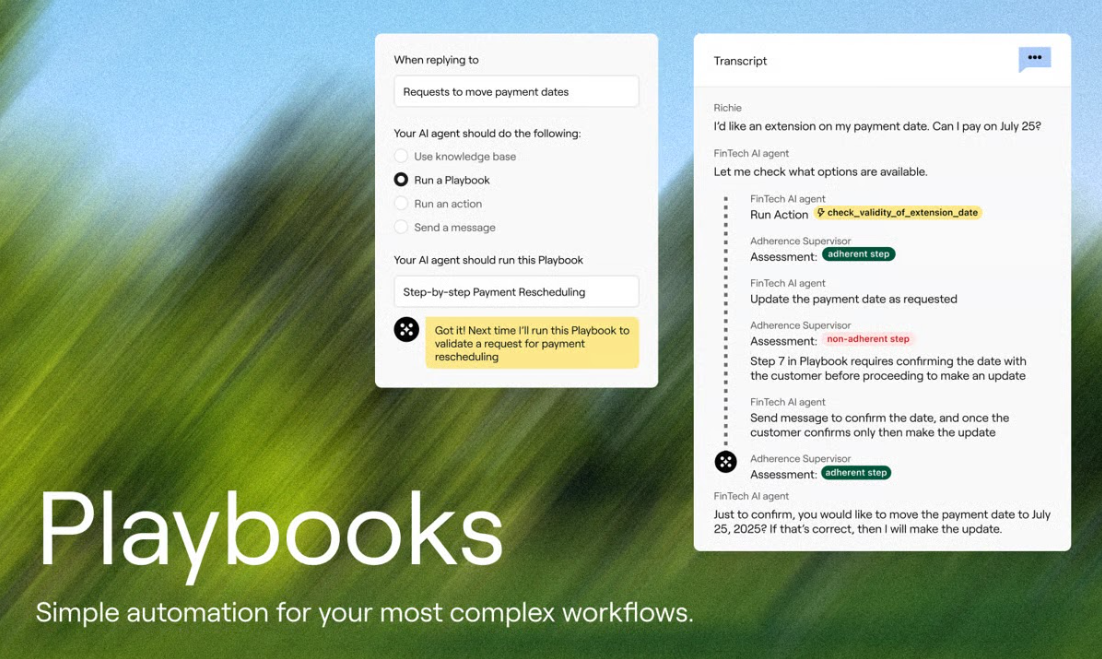 Ada AI Playbooks screenshot showing an automation workflow and response panel