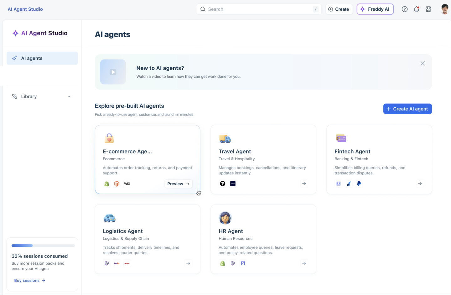 Freshdesk AI Agent Studio screenshot showing multiple AI support agent cards