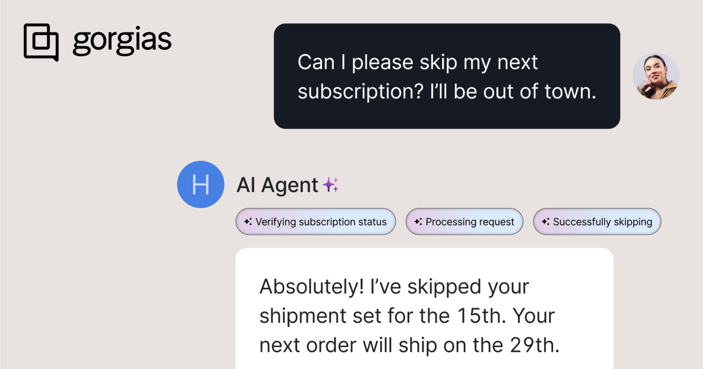 Gorgias AI Agent support skills screenshot showing a subscription skip workflow