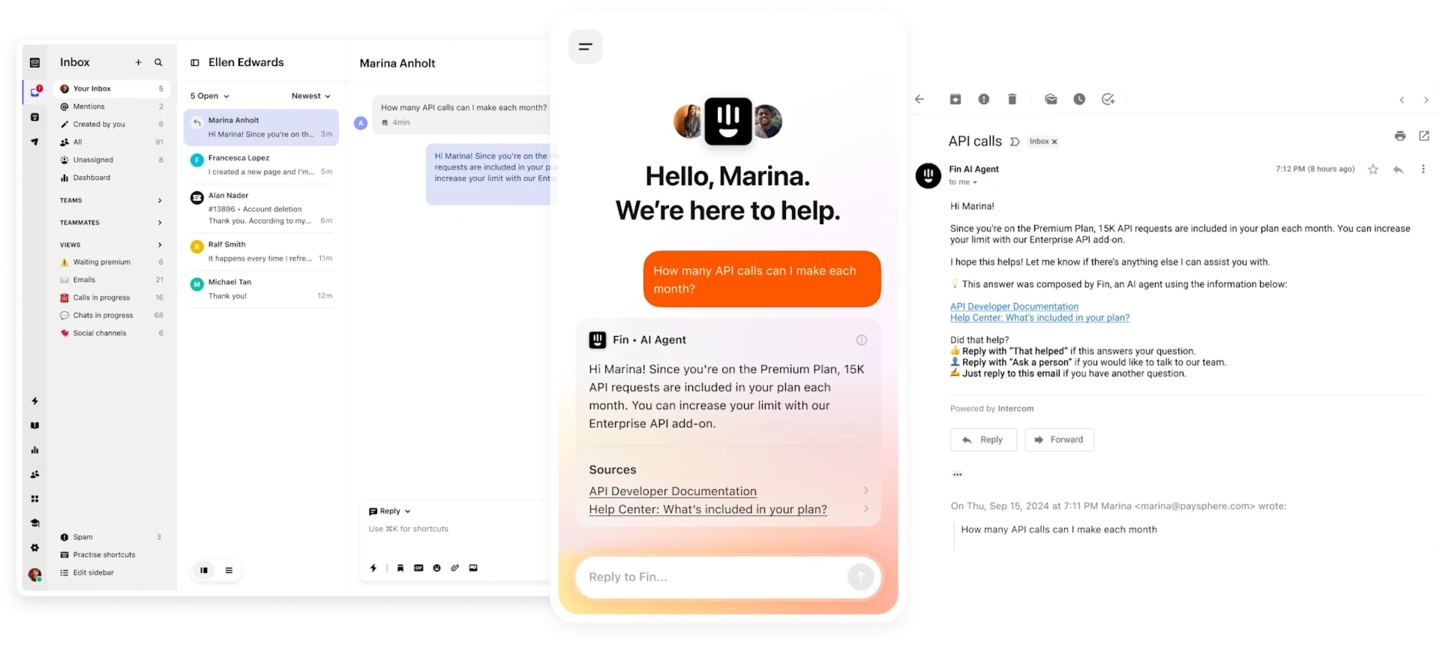 Intercom Fin ecommerce AI agent screenshot showing automated support across channels