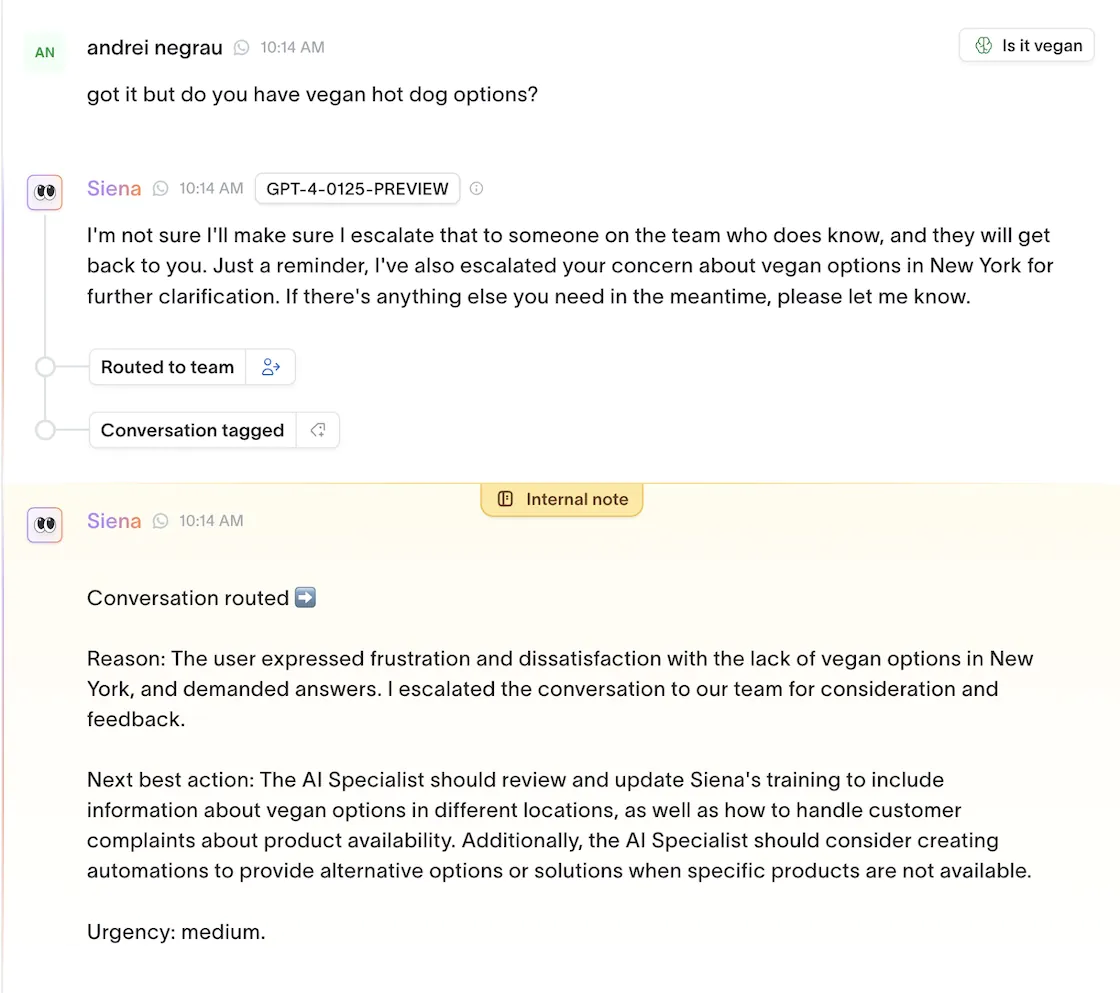 Siena AI support conversation screenshot showing an automated response in a customer thread
