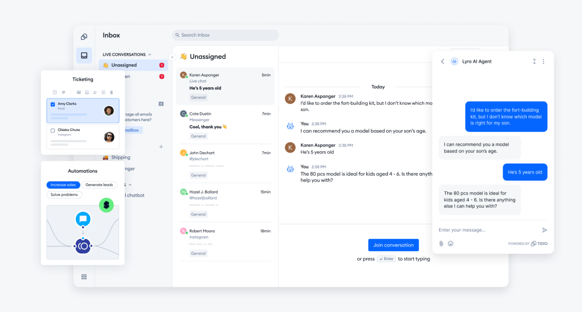 Tidio Lyro customer service inbox screenshot showing AI-assisted ecommerce conversations
