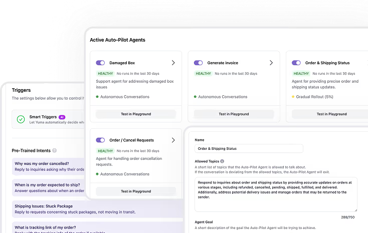 Yuma AI dashboard showing active auto-pilot agents for ecommerce support automation