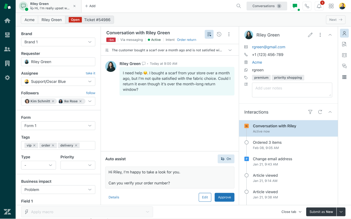 Zendesk AI customer service workspace showing an agent copilot and ticket conversation