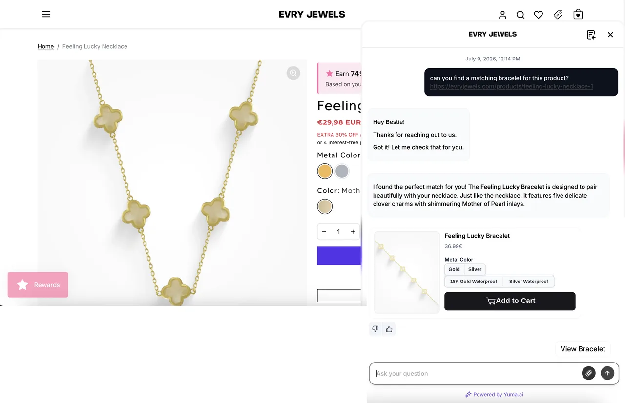 Yuma Chat AI in action on an Evry Jewels product page, recommending a matching bracelet with an add-to-cart card inside the chat widget