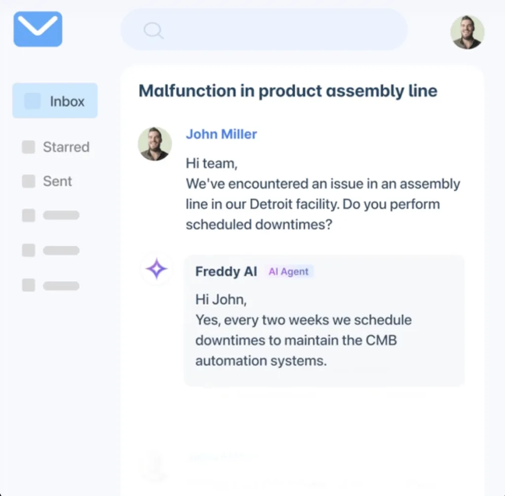 Freshdesk inbox with Freddy AI answering an email about an assembly-line malfunction and confirming the scheduled maintenance downtimes