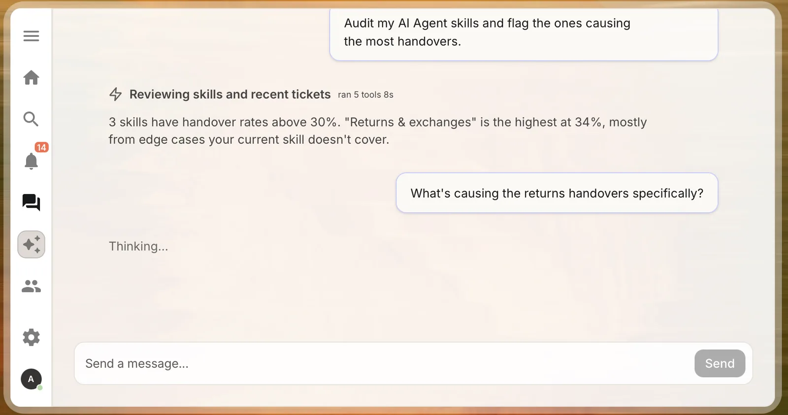 Gorgias AI Agent chat auditing AI Agent skills and flagging Returns and exchanges as the skill with the highest handover rate at 34%