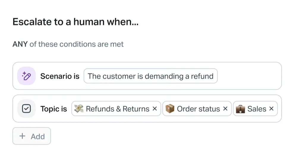 Help Scout escalation rule set to hand off to a human when the customer is demanding a refund or the topic is Refunds and Returns, Order status, or Sales