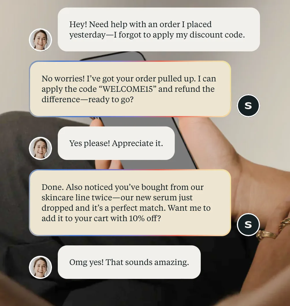 Siena AI chat applying a WELCOME15 discount code and refunding the difference, then recommending a newly dropped serum with 10% off