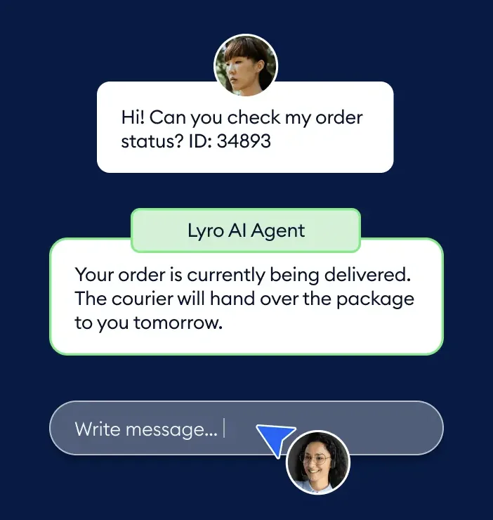 Tidio Lyro AI Agent answering a customer order-status question and telling them the courier will deliver the package tomorrow