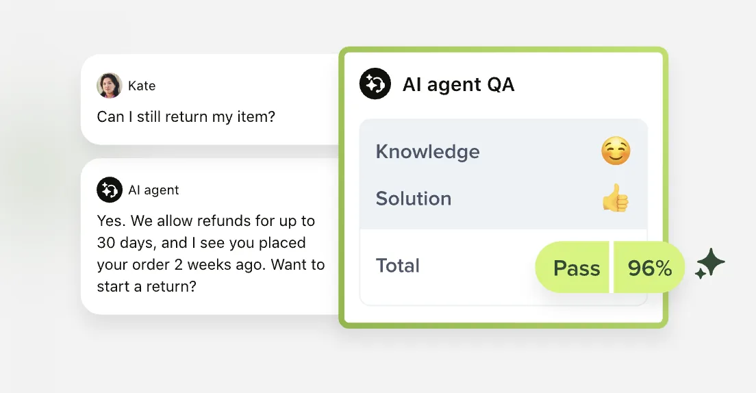 Zendesk AI agent answering a customer return question beside an AI agent QA scorecard that passes at 96%
