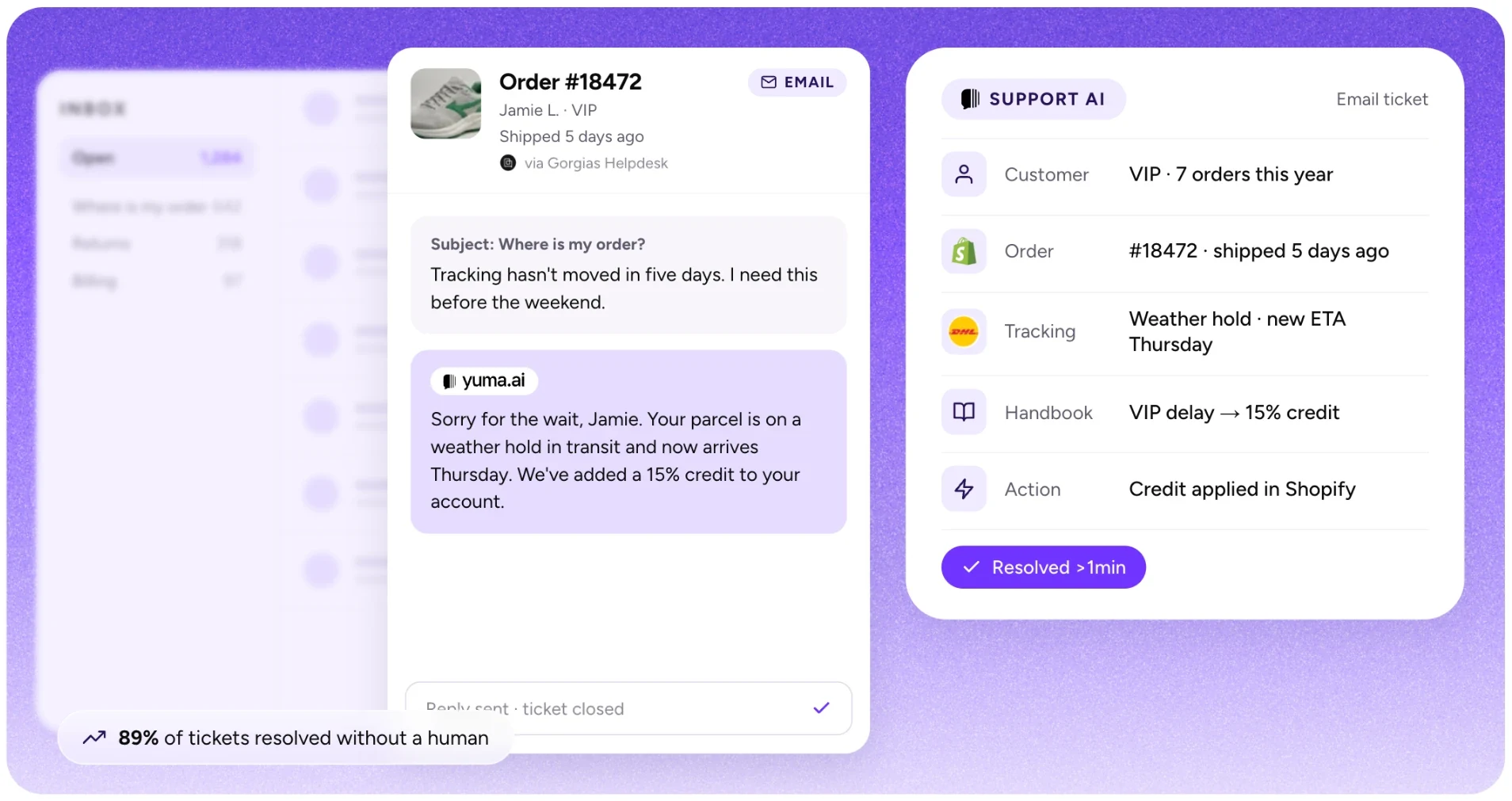 Yuma resuelve un email de «¿dónde está mi pedido?»: la respuesta al cliente, con el pedido, el seguimiento, la regla del Handbook y la acción en Shopify que la respaldan