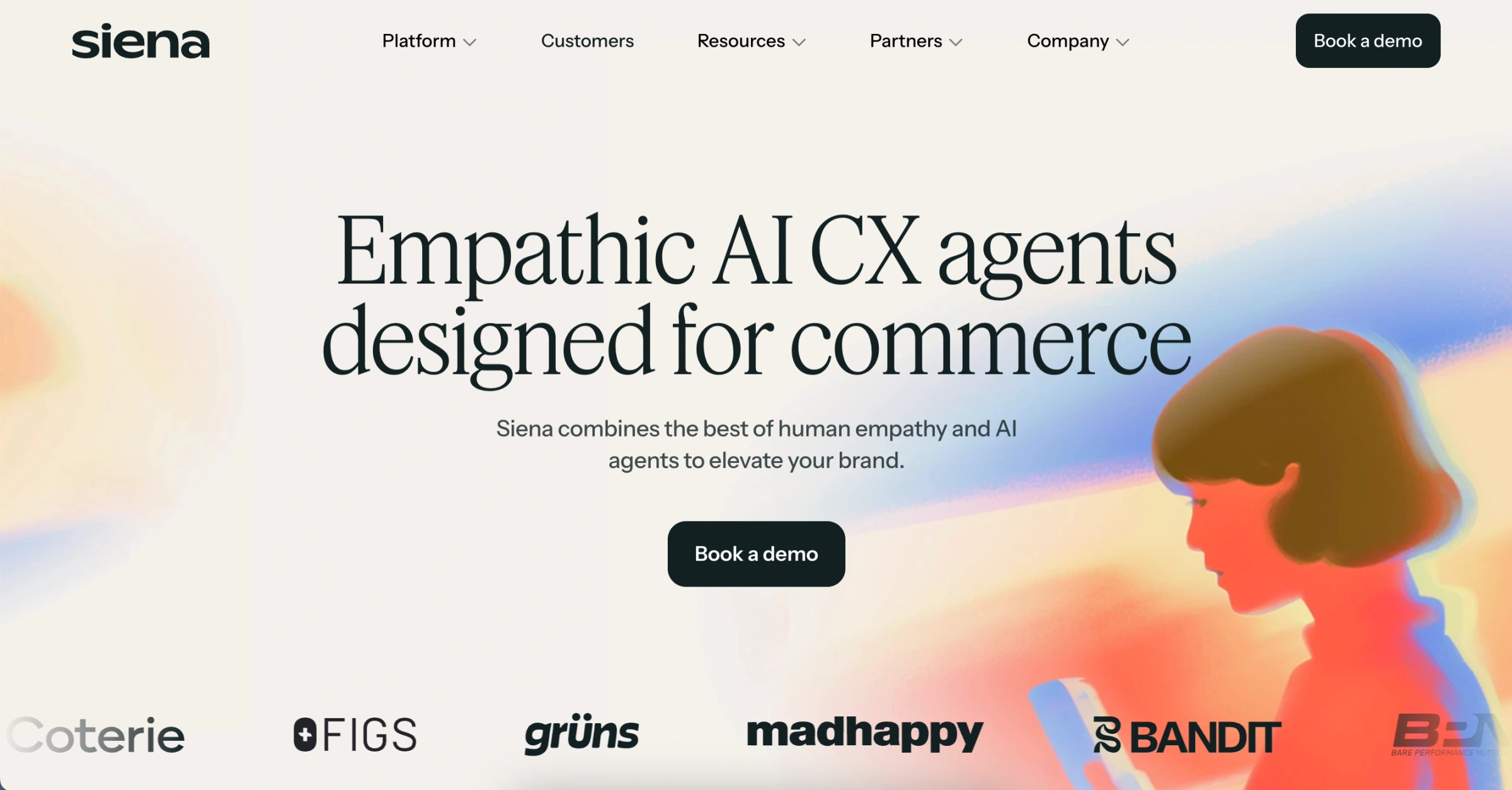 Siena AI homepage promoting empathic AI CX agents designed for commerce brands with partner logos