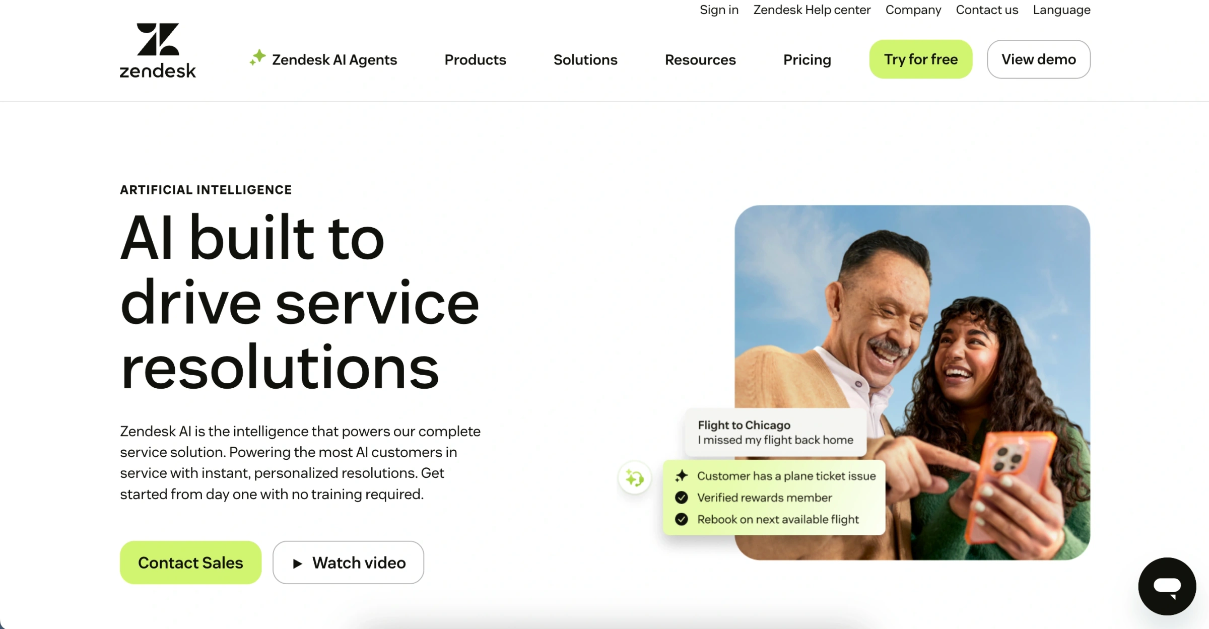 Zendesk AI homepage featuring AI-driven service resolutions with a customer support conversation demo