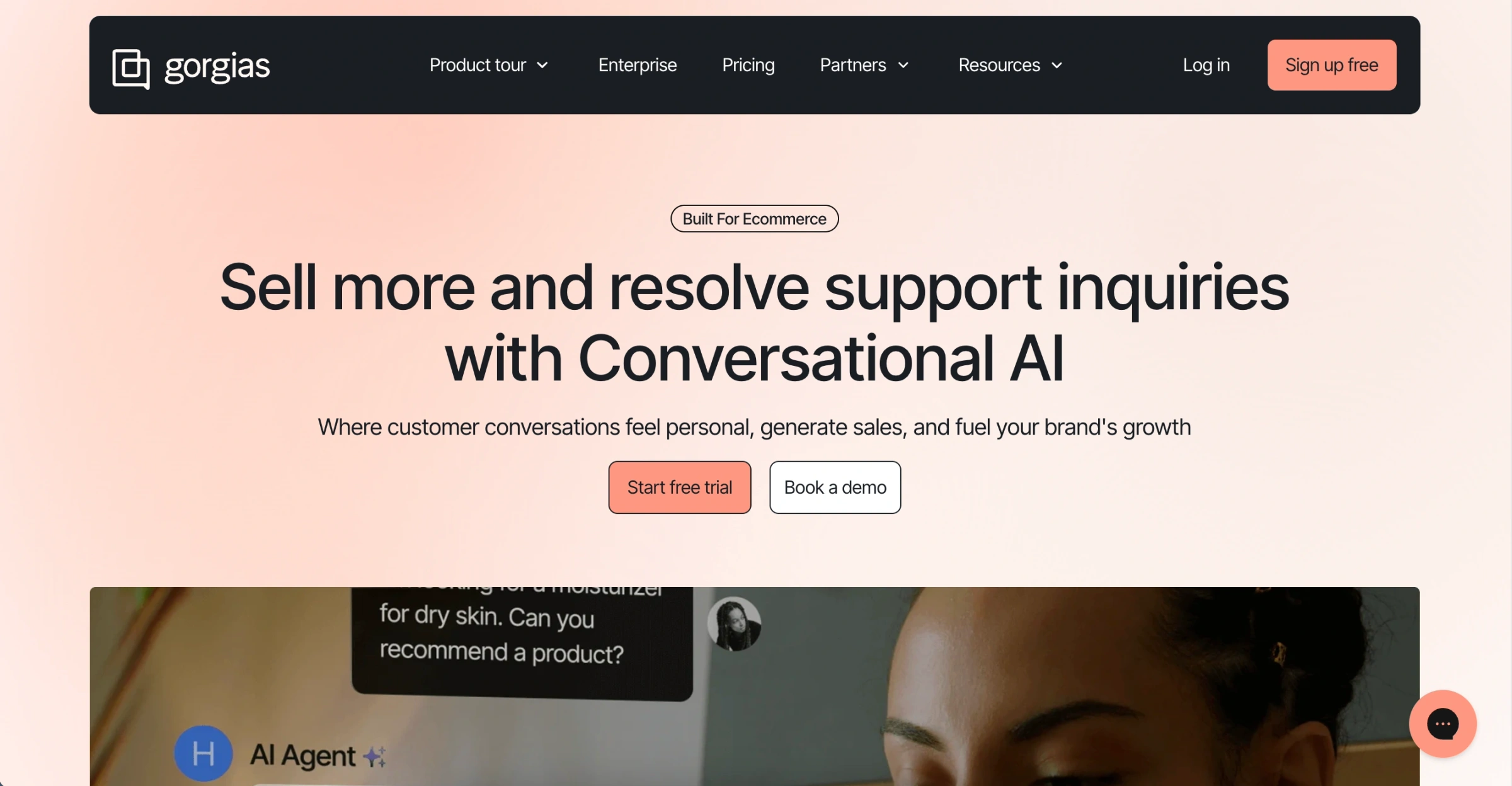 Gorgias homepage showing conversational AI for ecommerce support with AI Agent live chat demo