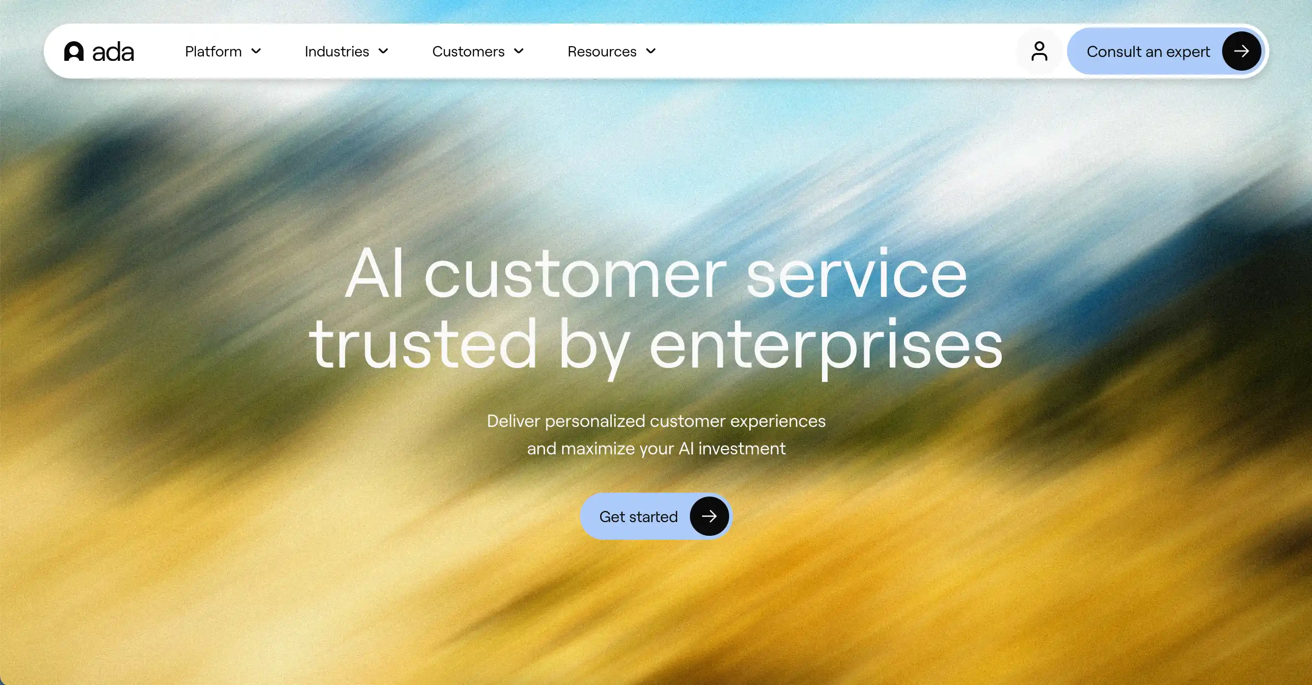 Ada homepage showing enterprise AI customer service trusted by large brands with a blurred gradient background