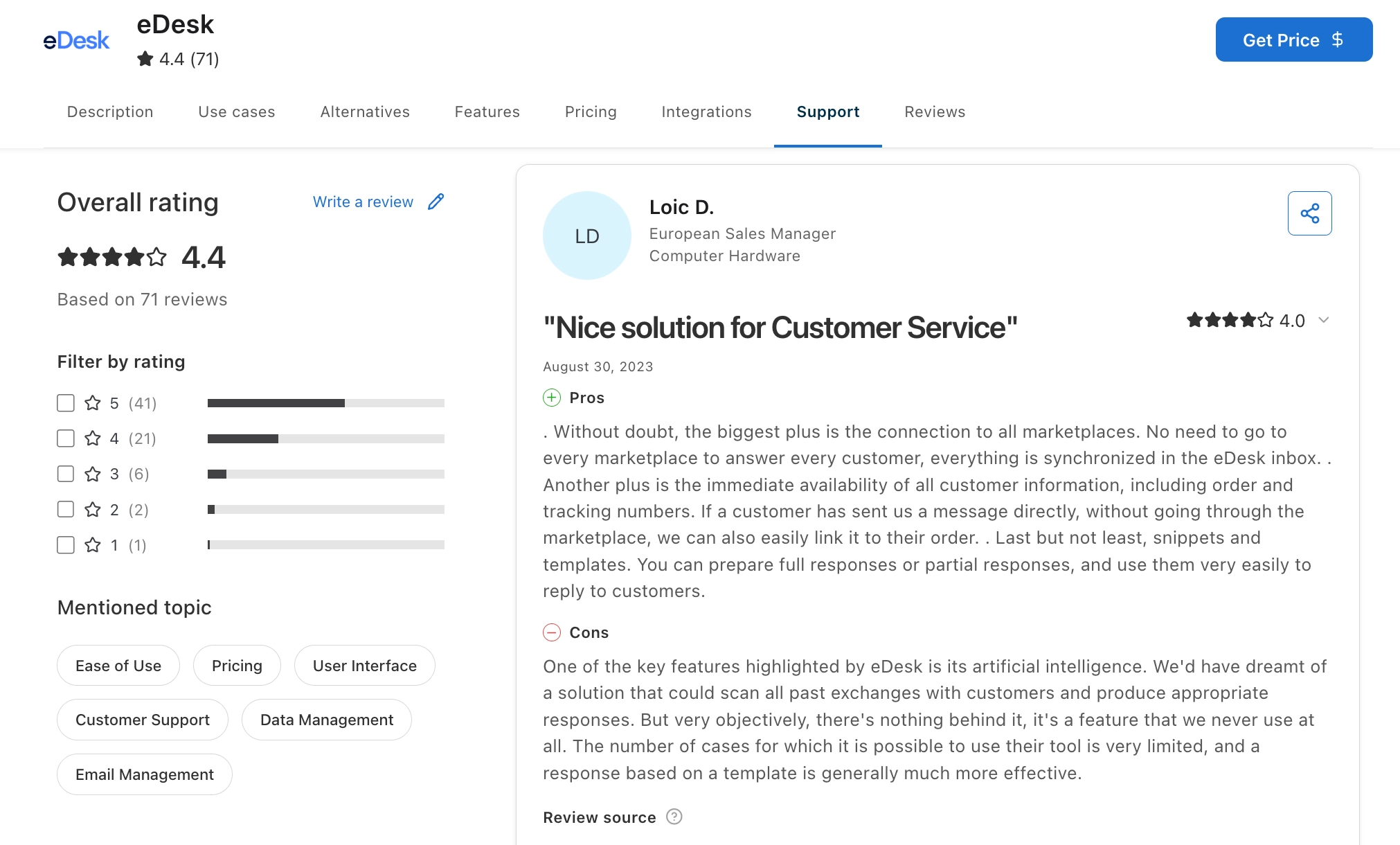eDesk customer review on Capterra