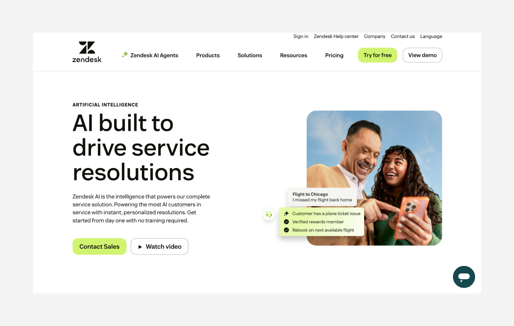 Page d'accueil Zendesk AI avec une démo de résolution automatisée des demandes clients