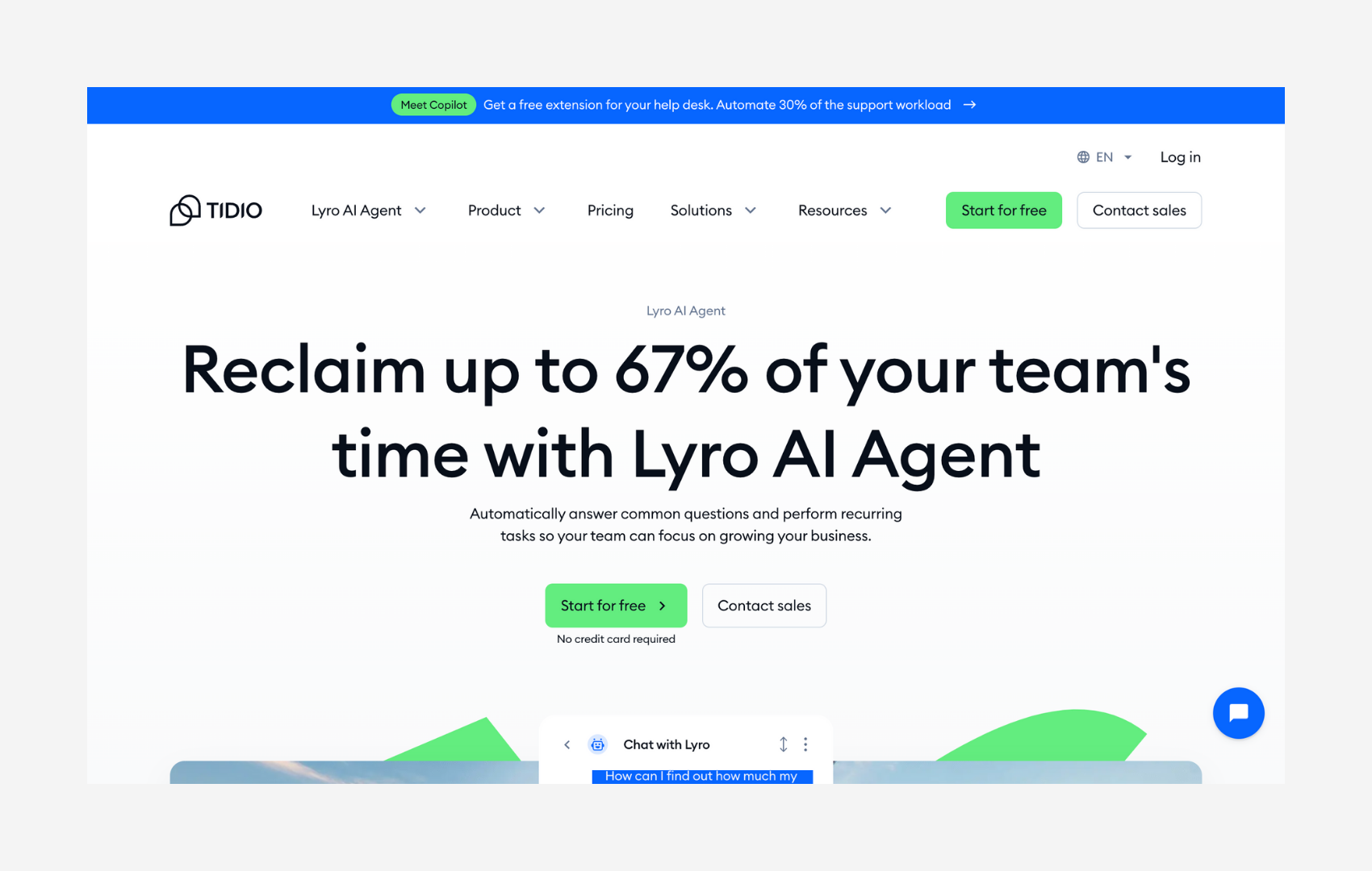 Page Tidio Lyro AI Agent avec automatisation libérant 67 pour cent du temps des équipes support