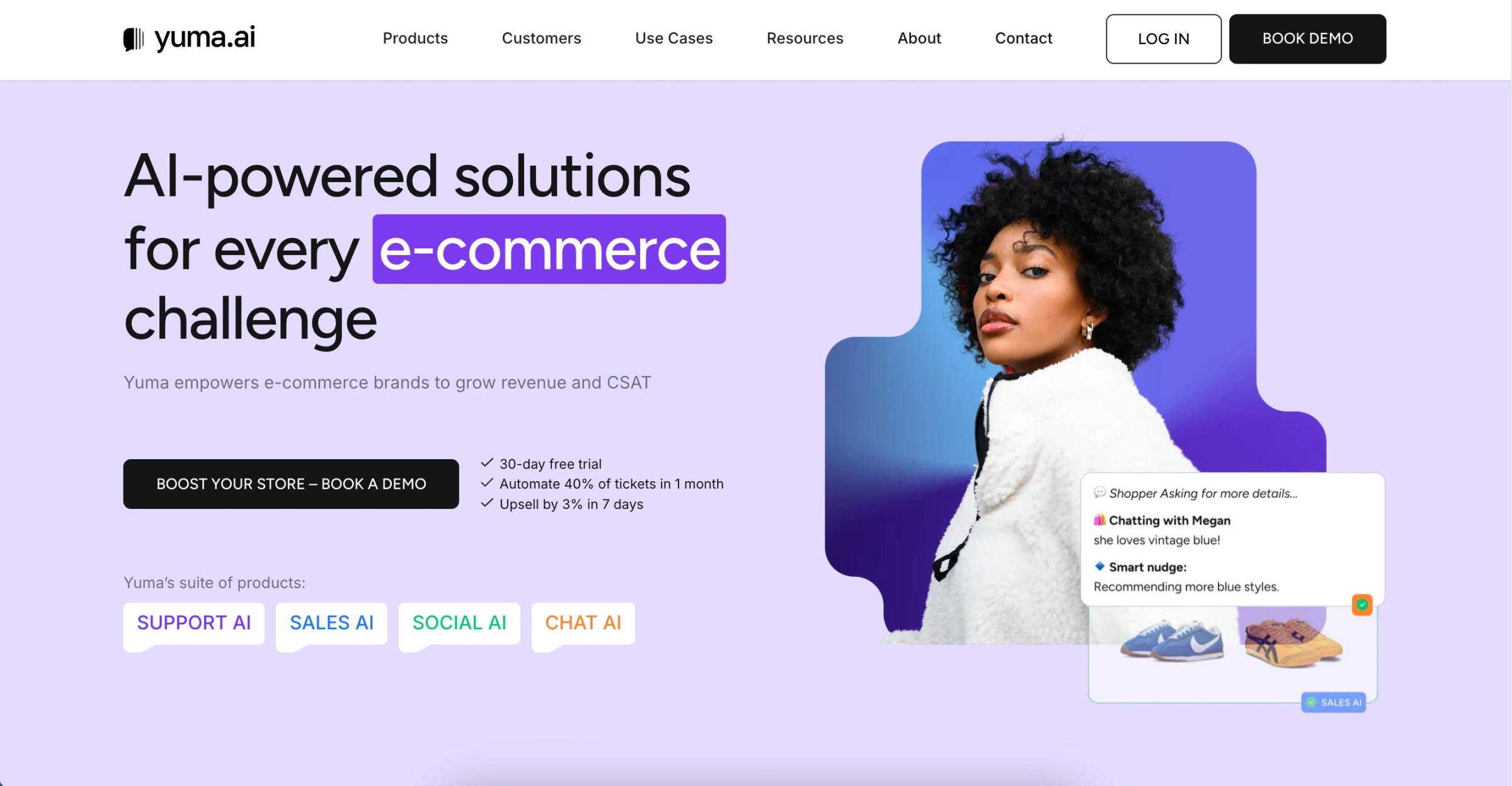 Page d'accueil Yuma AI avec les solutions IA pour l'e-commerce incluant Support AI, Sales AI, Social AI et Chat AI