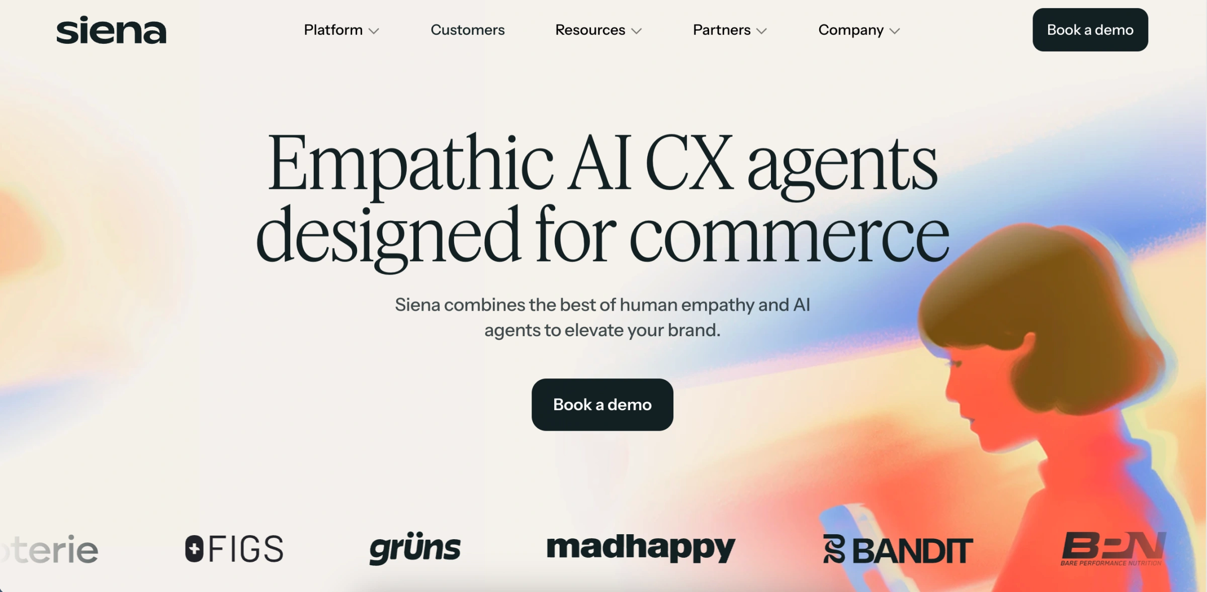 Siena AI homepage promoting empathic AI CX agents designed for commerce brands