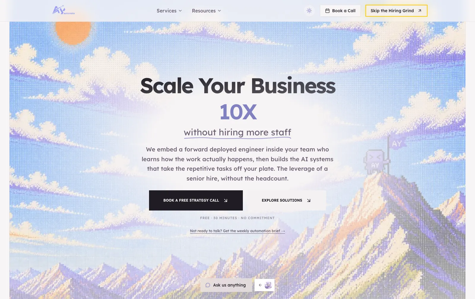 AY Automate homepage offering a forward deployed engineer who builds AI systems that take repetitive tasks off a team