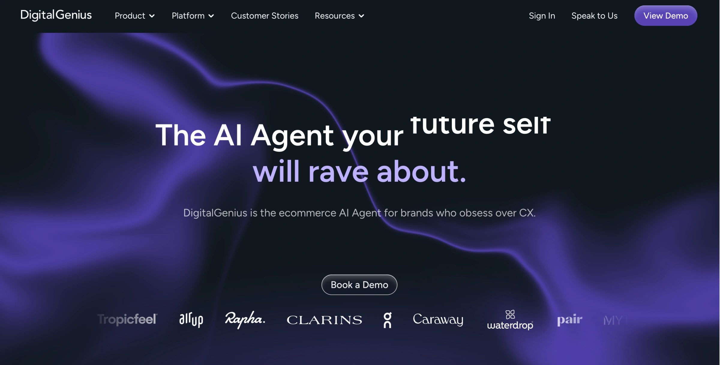 DigitalGenius homepage featuring an AI agent for e-commerce CX with brand logos including Clarins and Rapha