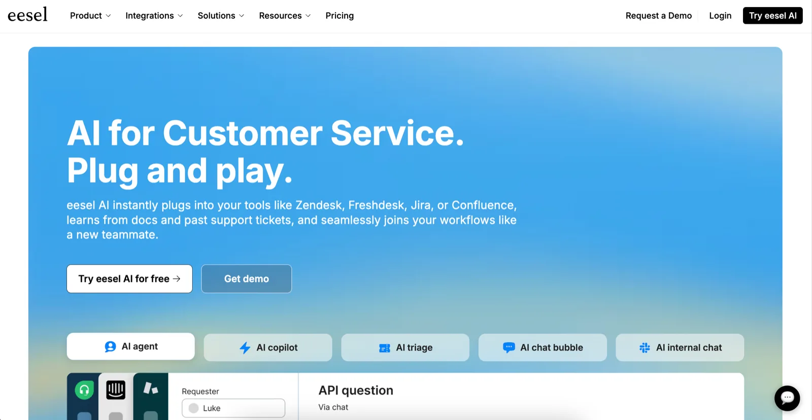 eesel AI homepage showing a plug-and-play AI customer service platform integrating with Zendesk, Freshdesk, and Jira