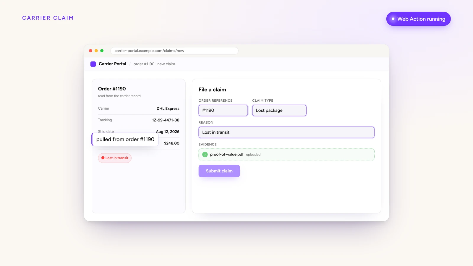Yuma filing a carrier claim in a shipping portal