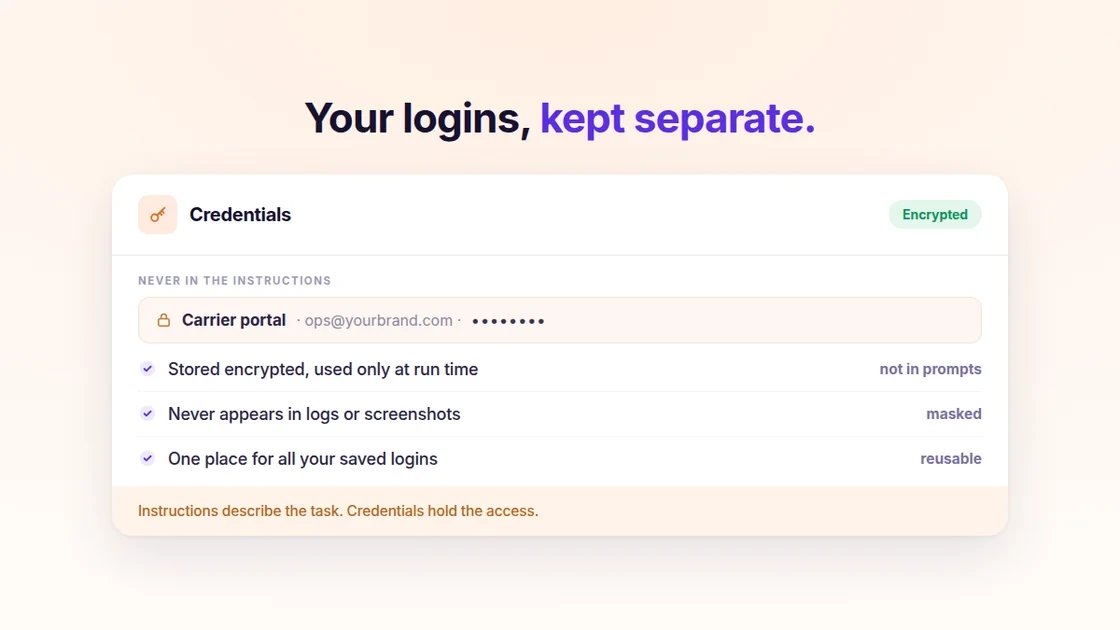 Encrypted credential storage for Yuma Web Actions, masked and excluded from logs