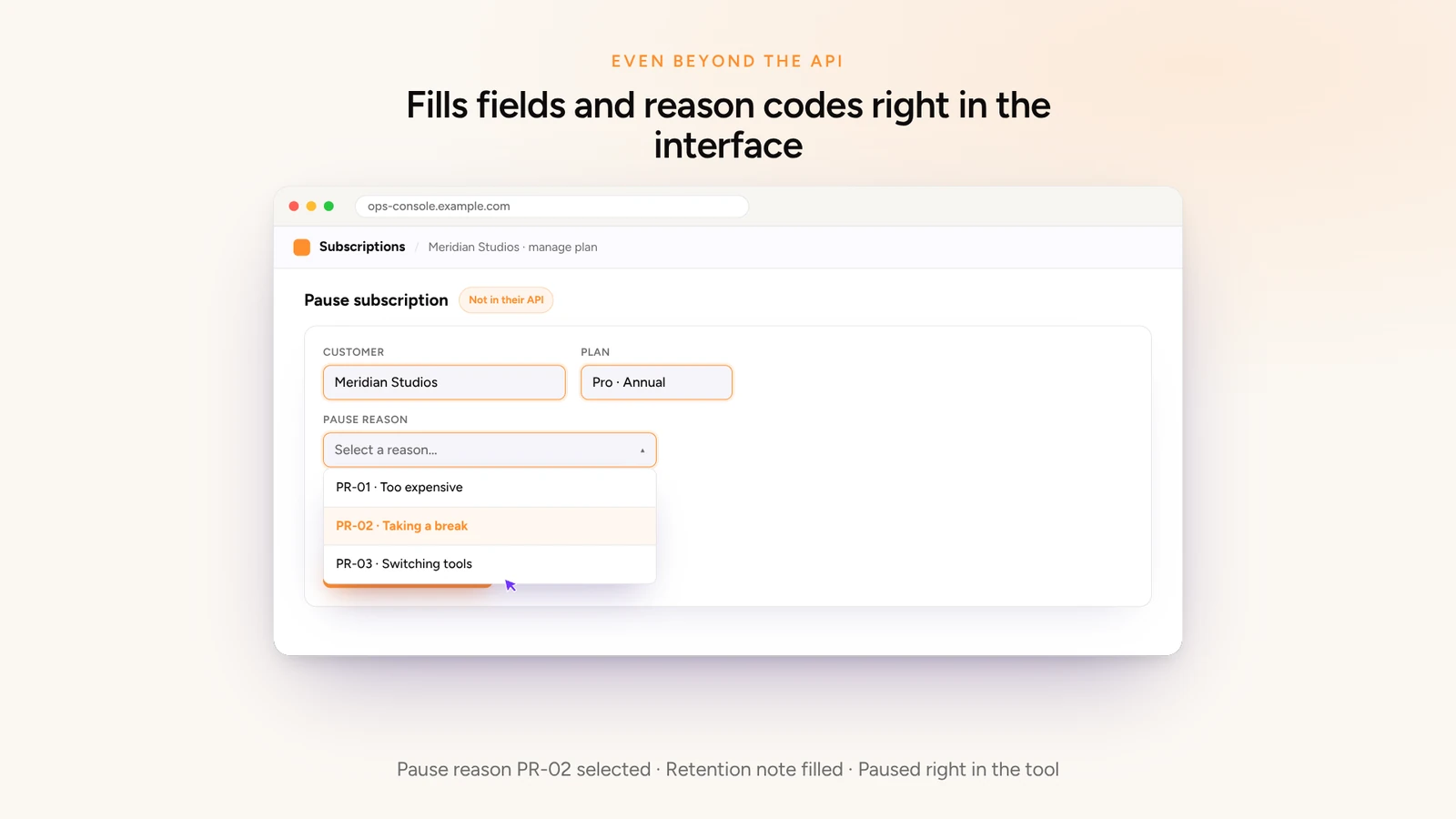 Yuma pausing a subscription with a reason code and retention note
