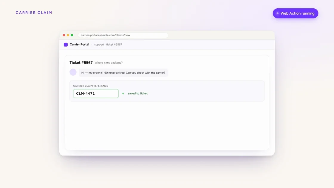 A Yuma Web Action run record showing the claim reference written back to the ticket