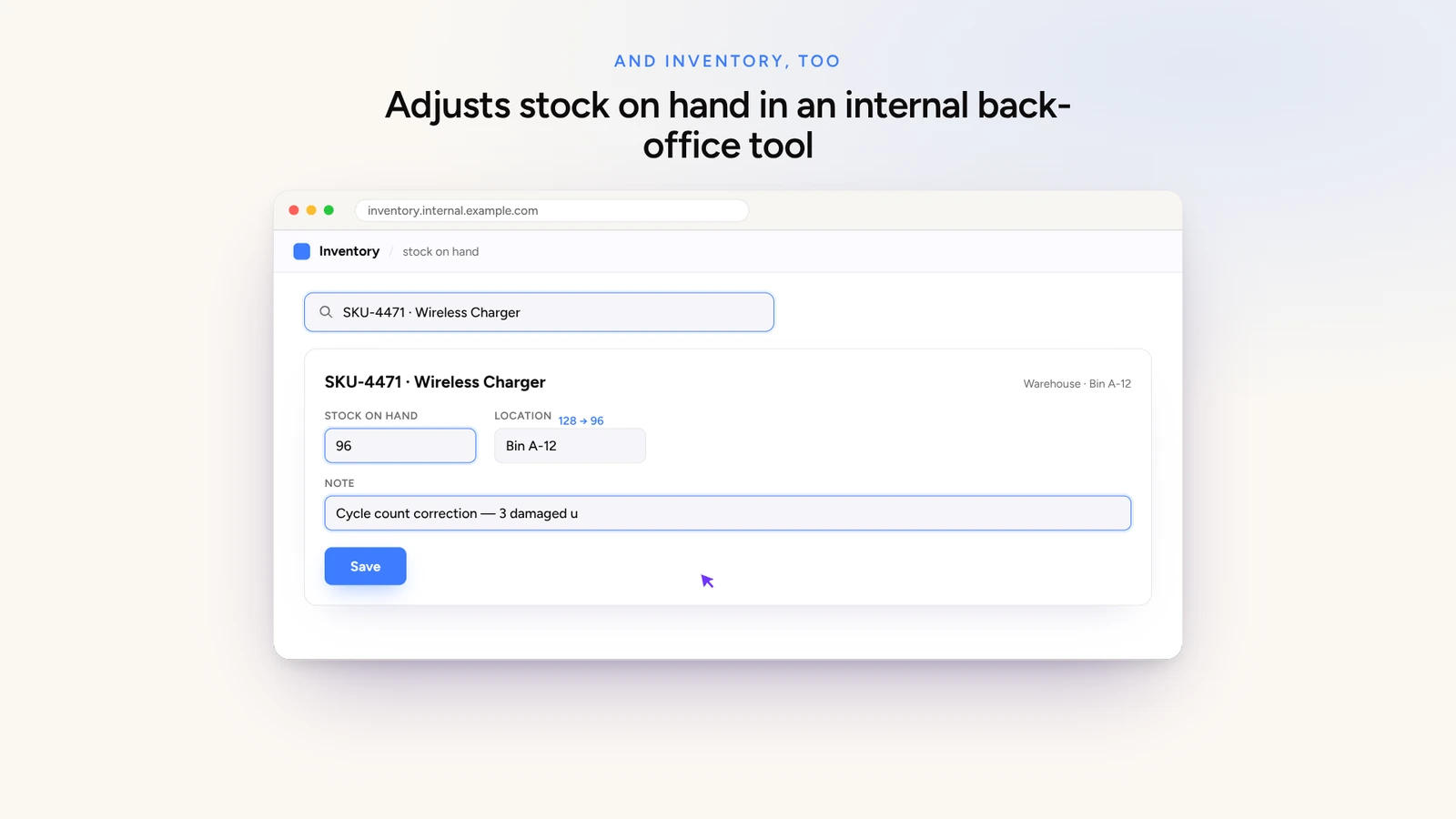 Yuma correcting a stock count in an internal back-office tool