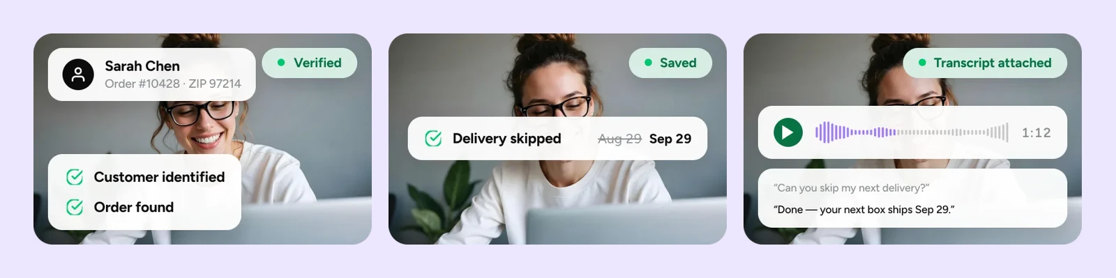 Yuma Voice AI identifying the caller, skipping a subscription delivery and attaching the call transcript