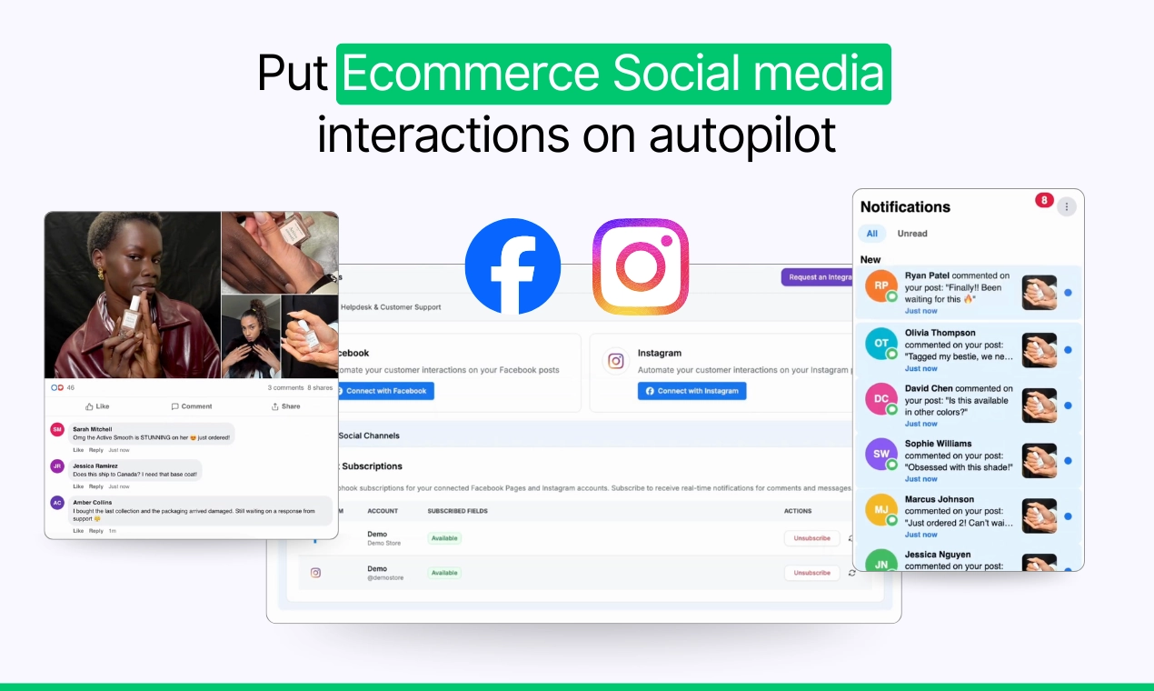 Social AI dashboard showing automated ecommerce social media interactions across Facebook and Instagram