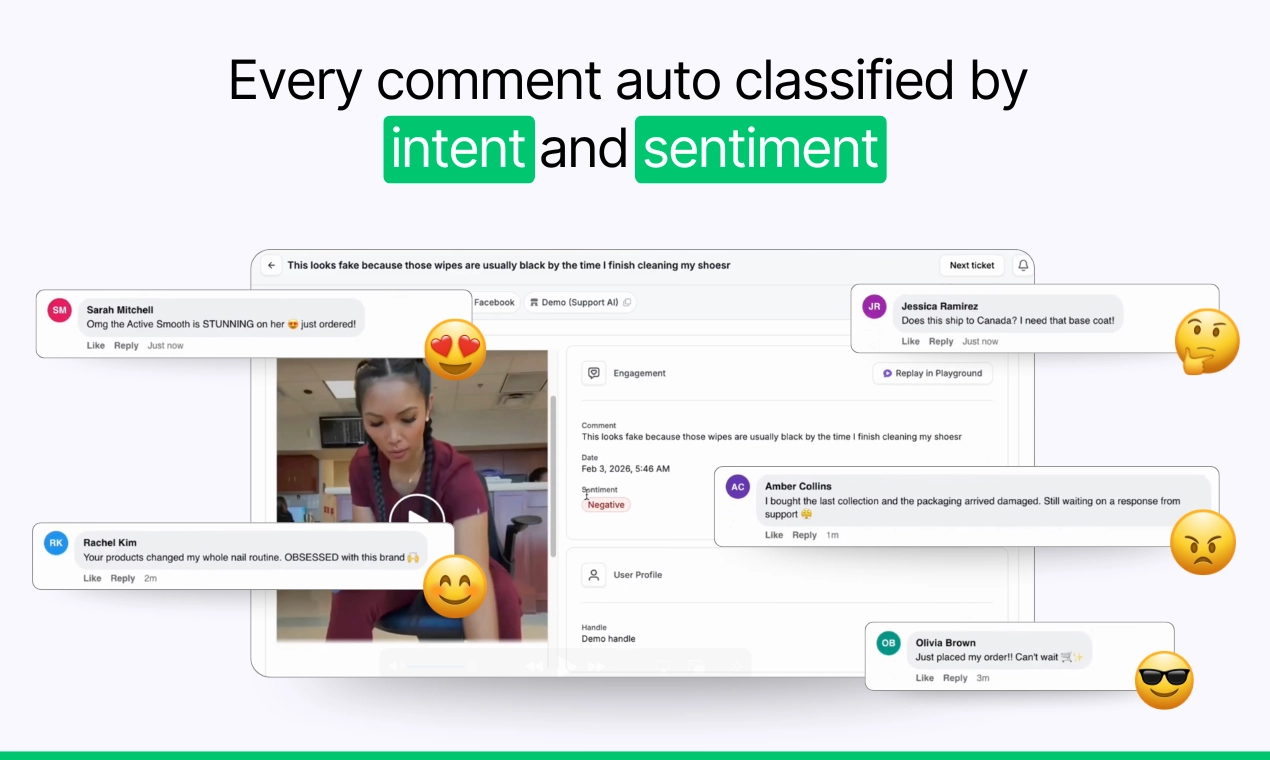 Social AI auto-classifying every social comment by intent and sentiment with emoji reactions
