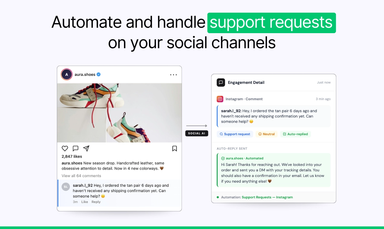 Social AI automating support requests on social channels with engagement detail panel