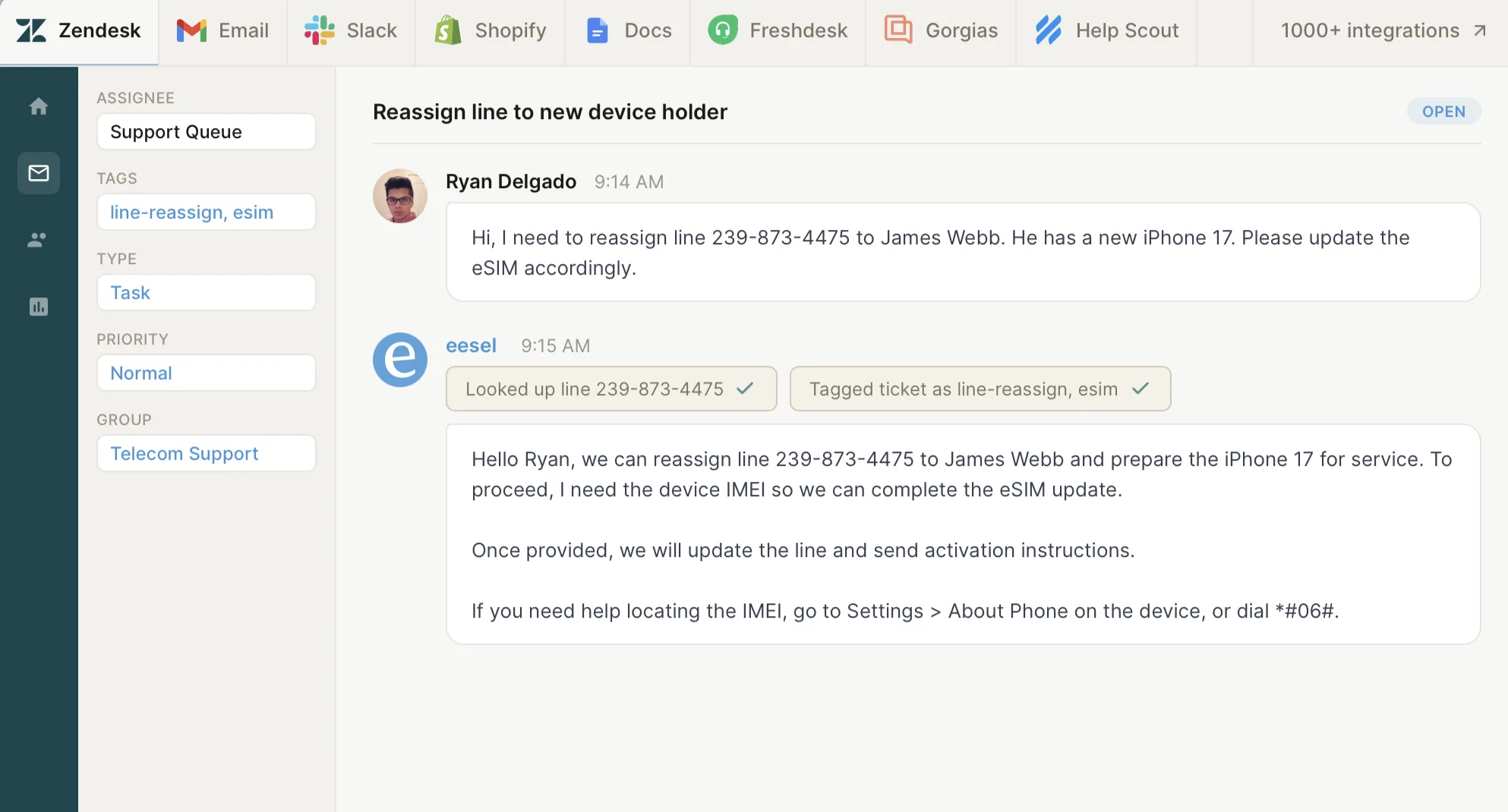 eesel AI's customer support interface inside Zendesk