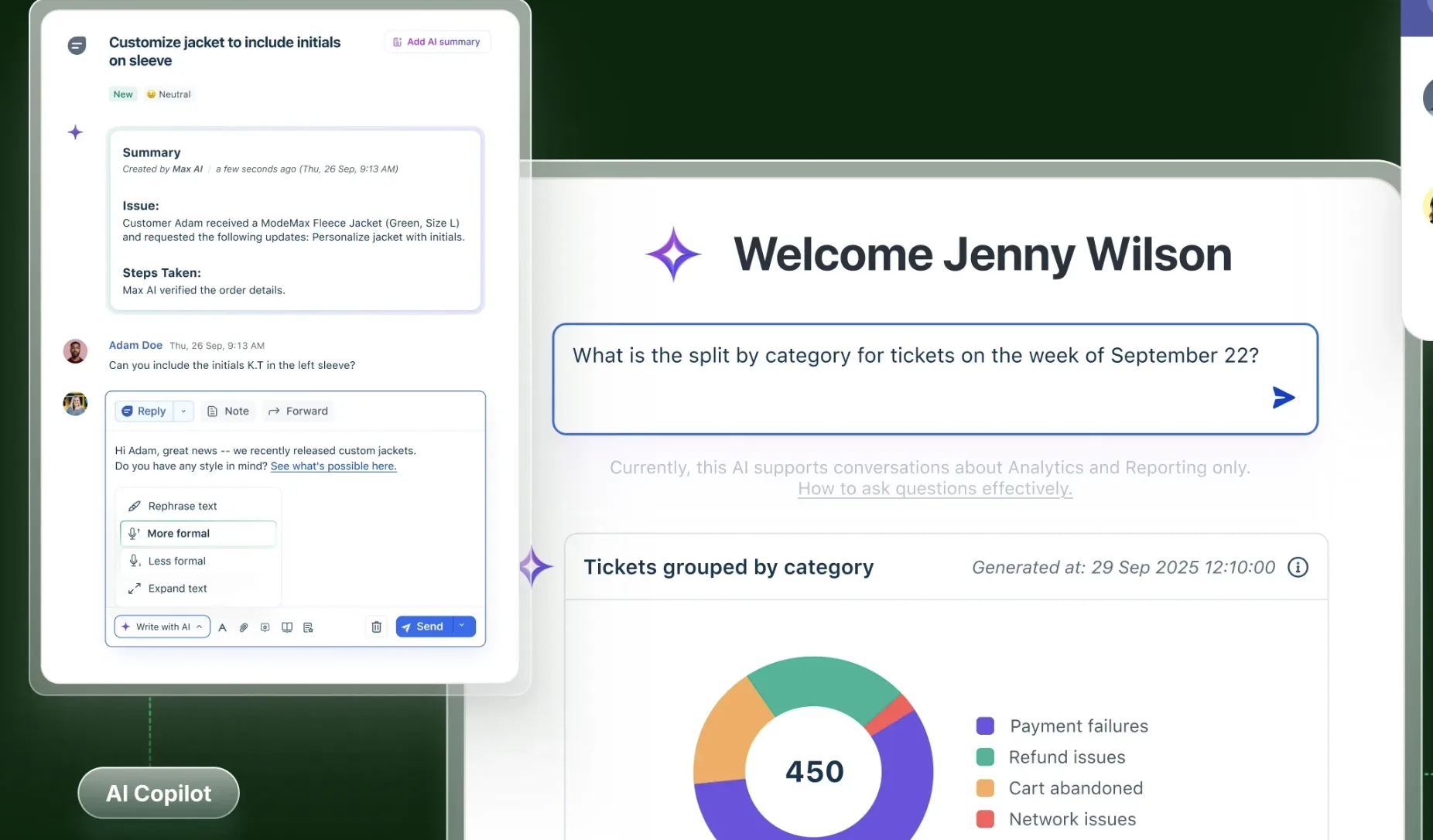 Freshdesk Freddy AI Copilot drafting a reply with ticket analytics