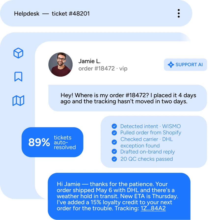Animated Support AI helpdesk ticket showing Yuma resolving a WISMO request